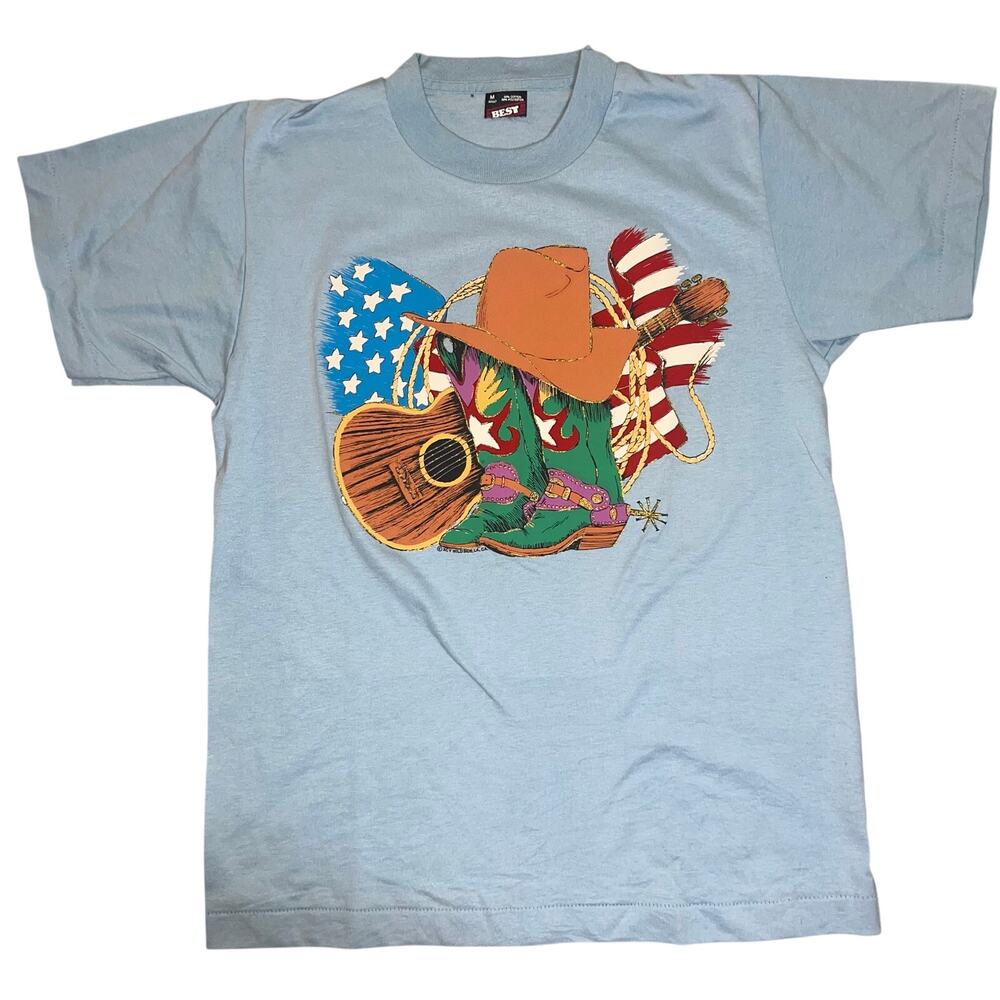 Vintage Western cowboy country music graphic with a US flag, boots, men sz MED